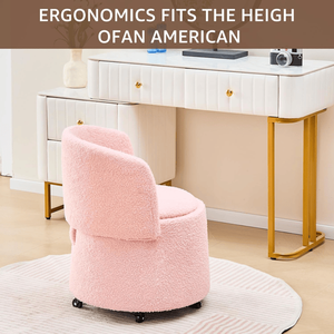 Comodo Pouf Rotondo Convertibile con Copertura in Velluto Teddy Rosa e Ruote per Uso come Sgabello da Toeletta o in Cucina - Product Image 3