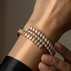 Luxury 18K <b>Solid</b> Gold Cuff <b>Bracelet</b> With Marquise Cut Moissanite Stones Prong Set Geometric Design Women Wedding Jewelry - Product Image 1