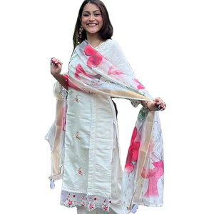 Diseñado para armarios modernos y sencillos, traje pakistaní islámico Kurti / Salwar con estampado floral de color blanco y patrón único. - Product Image 1
