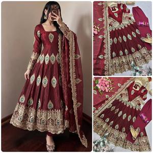 Ethnic Design Embroidered Silk Anarkali <b>Suit</b> With Dupatta Floor-Length Traditional <b>Wedding</b> Gown For <b>Women</b> India Pakistan Style - Product Image 6