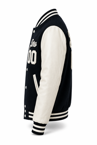 Veste universitaire unisexe noire en laine/polyester avec manches brodées de la lettre 00, style streetwear, col rabattu, coupe classique, patchwork - Product Image 3