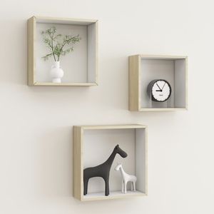 Set di 3 Mensole a Cubo da Parete in MDF Bianco e Rovere Sonoma, Dimensioni Piccole e Medie per Esposizione - Product Image 1