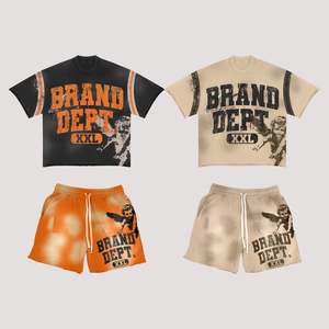 Ensemble T-shirt et short Hellstar pour homme, imprimé crâne, col rond, style punk, tenue d'été en coton, flammes rouges et violettes - Product Image 2