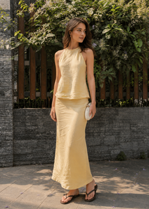 New Trendy Cotton Halter Neck Maxi Dress - Casual Summer Sleeveless Yellow Long Gowns for Women Beach & Holiday Fashion Wear - Product Image 5