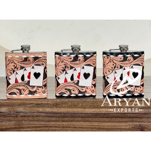 Modern Style Hand <b>Tooled</b> Genuine Cow <b>Leather</b> Flask 8oz Fashionable Stainless Steel Hip Flask High Quality Flask Holder for Gifts - Product Image 1