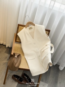 Chaleco Blazer Oversize sin Mangas con Cuello en V para Mujer CHRISSY ODM/OEM/Venta al por Mayor, Cuello Trasero Sólido, Largo, Cierre de un Solo Botón, Estilo Oficina para Mujer - Product Image 3