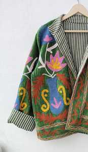 Premium Dynamic Statement Piece <b>Velvet</b> Suzani Embroidered Jacket Flower Vase Boho Short <b>Coat</b> Long Sleeves Mandarin Collar Blazer - Product Image 5
