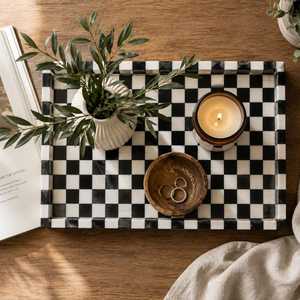 Rectangular Checkered Design Resin Inlay Tray Black White <b>Mosaic</b> Home Decor Serving Tray Modern Table Organizer - Product Image 2