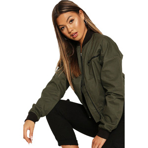 Chaqueta Bomber Verde Oliva de Alta Calidad para Mujer, Manga Larga, Cierre de Cremallera, Cuello Camisero, Color Sólido, Corte Corto, para Otoño - Product Image 3