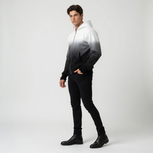 Sweat à capuche zippé en molleton de coton épais, style streetwear, avec strass personnalisés, manches côtelées brutes et vieillies, effet dégradé teint par immersion - Product Image 5