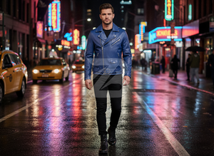 Chaqueta de Motero Zarina Wear para Hombre, de Cuero Genuino y Lona, para Invierno, Color Azul Rey, Cierre Asimétrico, Cinturón en la Solapa, OEM - Product Image 6