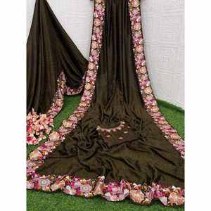 TRENDING VICHITRA SEDA MULTI BORDADO LACE WORK SAREE CON BLUSA SIN COSTURA MEHNDI - Product Image 1