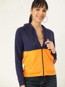Sudadera con capucha y cremallera para mujer, con bloques de color, azul marino y naranja, de manga larga, tejida, transpirable, para uso casual de otoño - Product Image 1