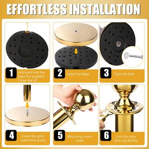 4 montanti montanti in acciaio inossidabile di altezza 37 piedi di lunghezza 3 corde in velluto rosso Design Top a sfera d'oro per il controllo della folla per matrimoni - Product Image 5