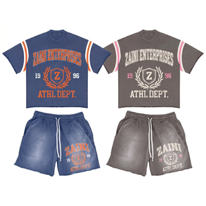 Conjunto de Camiseta y Pantalones Cortos de Algodón French Terry de 300 GSM para Hombre, Lavado Vintage, Azul Marino y Gris, Paneles en los Hombros en Contraste, Impresión Personalizada - Product Image 1