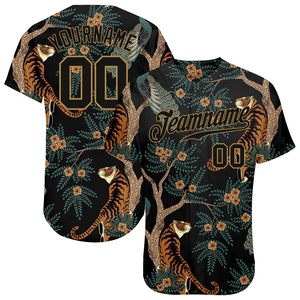 เสื้อเบสบอลแท้ลายเสือและนกยูง ดีไซน์ 3 มิติ สีดำ-ทองโบราณ ผลิตโดย OMMIZ INDUSTRY ขายส่งราคาดีที่สุด - Product Image 1
