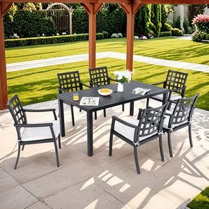 Moderno classico 7 pezzi Patio esterno da pranzo tavolo rettangolare sei sedie stazionarie in alluminio brace nero finitura giardino - Product Image 1
