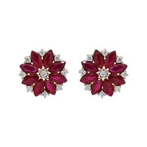 Wholesale 18k Yellow Gold Natural Marquise Ruby Diamond Floral Cluster Stud Earrings Memoria Jewels - Product Image 2