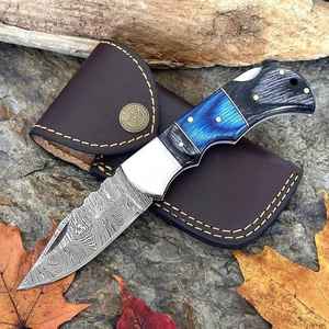 Cuchillos de supervivencia plegables de acero de Damasco hechos a mano y personalizados por OEM, para acampar al aire libre, con mango de madera y funda. - Product Image 2