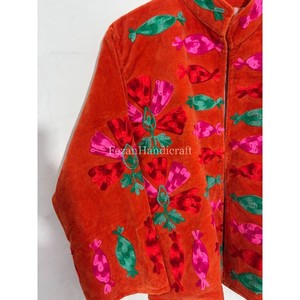 Women's Stand Collar Quilted Velvet Jacket Floral Embroidery Cotton Lining Quick Dry Feature Casual Boho Chic Design Rajasthan - Product Image 3