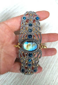 Handmade Rhodium Gray Macrame Labradorite <b>Bracelet</b> Boho Blue Crystal Bead Woven <b>Cuff</b> Healing Stone Statement Jewelry Gift for - Product Image 5