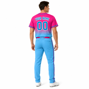 ชุดยูนิฟอร์มเบสบอลแบบซับลิเมชั่นสีชมพูไล่เฉดสีฟ้า เสื้อและกางเกงสำหรับผู้ใหญ่ ใส่ได้ทั้งชายและหญิง ระบายอากาศได้ดี ชุดทีม บริการ OEM คุณภาพสูง - Product Image 4