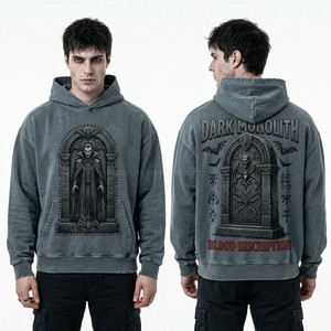 Custom Grey Vintage Wash Hoodie Men Oversized Streetwear Vampire Monolith Graphic Print Heavy Fleece Pullover Hooded Sweatshirt - Product Image 1