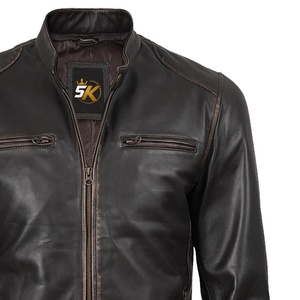 Veste de moto d'hiver pour homme 5KINGZ SPORTS en cuir PU marron foncé coupe-vent, col mandarin, fermeture éclair, coupe ajustée, couleur unie sur le devant - Product Image 4