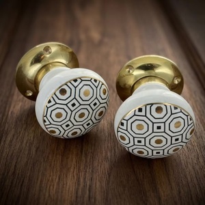 Modern Porcelain <b>Door</b> Knobs with Geometric Pattern and Brass Base for Cabinet Furniture Handles - Product Image 3