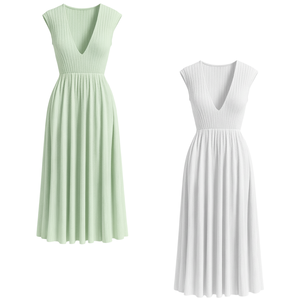 Robe midi simple à col rond en tricot côtelé pour femmes, de haute qualité, à manches courtes, tissu extensible confortable, vêtements élégants OEM - Product Image 1