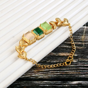 Bracelet à breloques en laiton plaqué or, pierres précieuses en verre vert multicolores, motif feuille, vintage, réglable, fait main, cadeau tendance, unisexe, mariage - Product Image 3