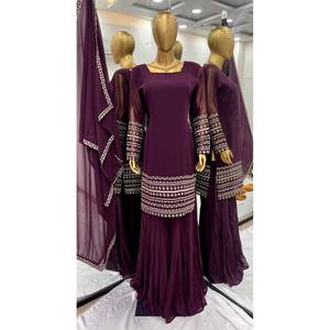 Ensemble de costume de fête pour femmes avec haut de travail à broderie lourde et Sharara Dupatta - Product Image 5