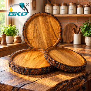 Ensemble de plateaux de service en bois de manguier CKD Wabi-Sabi, 3 plateaux faits à la main avec bord en écorce, design chinois traditionnel, décoration pour la maison et les fêtes - Product Image 3
