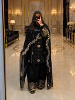 3 buah Set bordir Sharara Gharara Georgette sutra ramping reversibel desainer Readymade pesta pernikahan Diwali etnik India