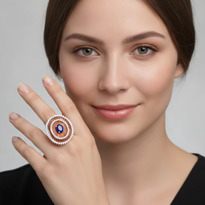 Anillo de cóctel de lujo con zafiro azul y oro rosa para mujer, joyería de boda - Product Image 1