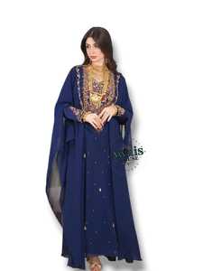 Vestido de Noche Largo y Sencillo para Mujer, Marca Awais House, Color Azul Marino, Chifón Sólido, Bordado, con Cuello en V y Mangas Largas - Product Image 2