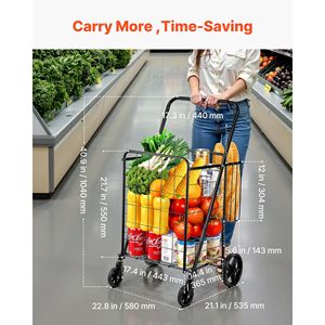 Carrito de Compras Plegable Jumbo de Alta Resistencia, 110 LBS, con Dos Cestas, Ruedas Giratorias de 360°, Carrito Grande para Supermercado - Product Image 3