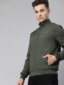 Men's Olive Green Bomber <b>Jacket</b> Stand Collar Zipper Front Casual Solid Color Slim Fit Breathable Polyester Autumn Wear - Product Image 2