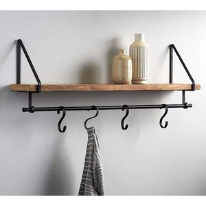 Mango Wood Wall Shelf with Hooks & Planter - Handcrafted Wholesale Decor - Product Image 4