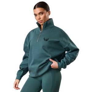 Sweat-shirt à col zippé 1/4 bleu pétrole pour femme, coupe oversize, manches longues, style streetwear décontracté, confort quotidien - Product Image 1