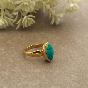 Handcrafted Marquise Turquoise Bezel Setting <b>Ring</b> 14k Gold Plated Brass Boho Statement Jewelry Unisex Daily Wear - Product Image 5