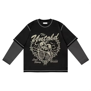 Wholesale custom <b>Men's</b> Long Sleeve T-<b>Shirt</b> Gothic <b>Skull</b> Print Oversized O-Neck Knitted Jersey Streetwear - Product Image 1