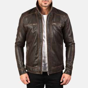 Chaqueta de Motociclista de Cuero Genuino Marrón Oscuro para Hombre, Cuello Alto, Cierre de Cremallera, Corte Ajustado, para Otoño - Product Image 2