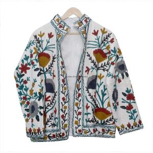 Handmade <b>White</b> Suzani Embroidery Women's Short Coat Elegant Winter Wear Design with Washed TNT Fabric Winter <b>Jacket</b> - Product Image 1
