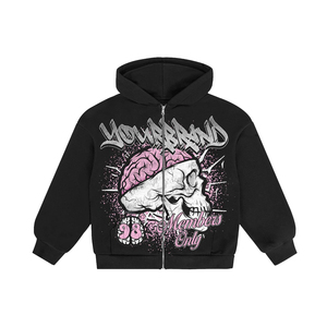 Sudadera con capucha negra con cremallera para hombre de tu marca, con estampado de calavera y cerebro, estilo oversize, de forro polar, para uso urbano, para otoño, estilo vintage - Product Image 2