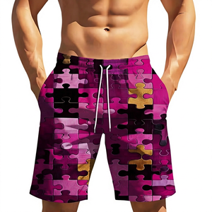 <b>Men's</b> Blue Puzzle Pattern Board Shorts Mid Waist Drawstring Quick Dry Casual Swim <b>Trunks</b> Geometric Print Polyester - Product Image 2