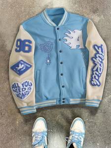 <b>Light</b> Blue Thick Fleece Varsity <b>Jacket</b> Men Preppy Style Embroidered Letter Patch Design Stand Regular Fit Front Winter Wear - Product Image 2
