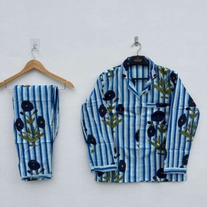 Ensemble de pyjama pour femmes, bleu rayé, broderie florale, manches longues, vêtements de nuit en coton, vêtements de nuit décontractés, 2 pièces - Product Image 1