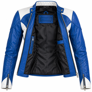 Royal Blue Leather <b>Jacket</b> <b>Womens</b> White Side Accent Snap Collar Biker Slim Fit Zip Cuff Custom Racing Track Outerwear Coat Tops - Product Image 5