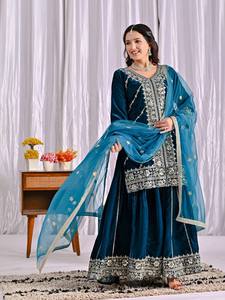 Conjunto de Salwar Kameez Azul Georgette Bordado hasta el Suelo para Mujer, Traje Anarkali con Dupatta de Red, Sin Arrugas, para Bodas y Fiestas - Product Image 6